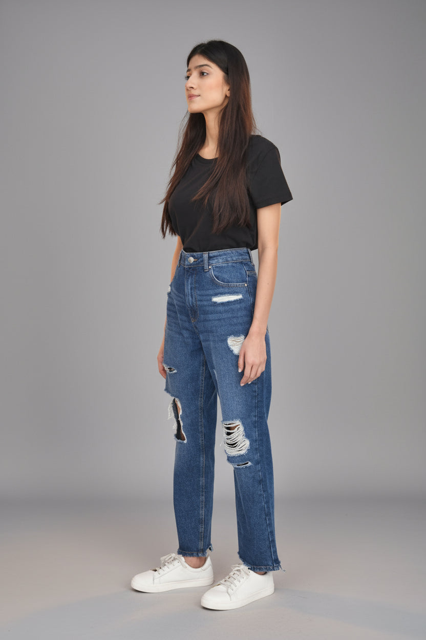 Casual Style High-Waisted Torn Hem Rip Mom Jeans