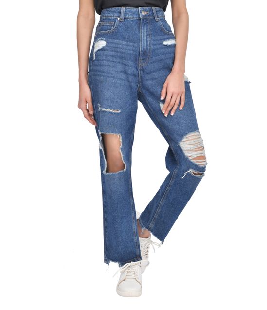 Casual Style High-Waisted Torn Hem Rip Mom Jeans