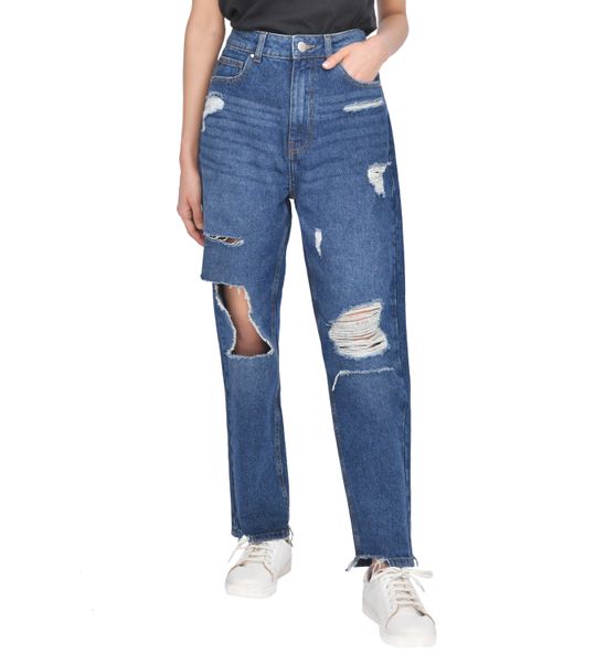 Casual Style High-Waisted Torn Hem Rip Mom Jeans