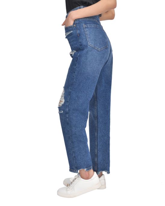 Casual Style High-Waisted Torn Hem Rip Mom Jeans