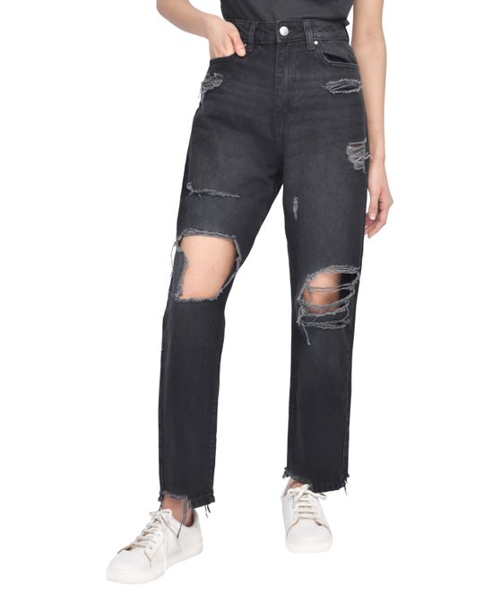 Casual Style High-Waisted Torn Hem Rip Mom Jeans