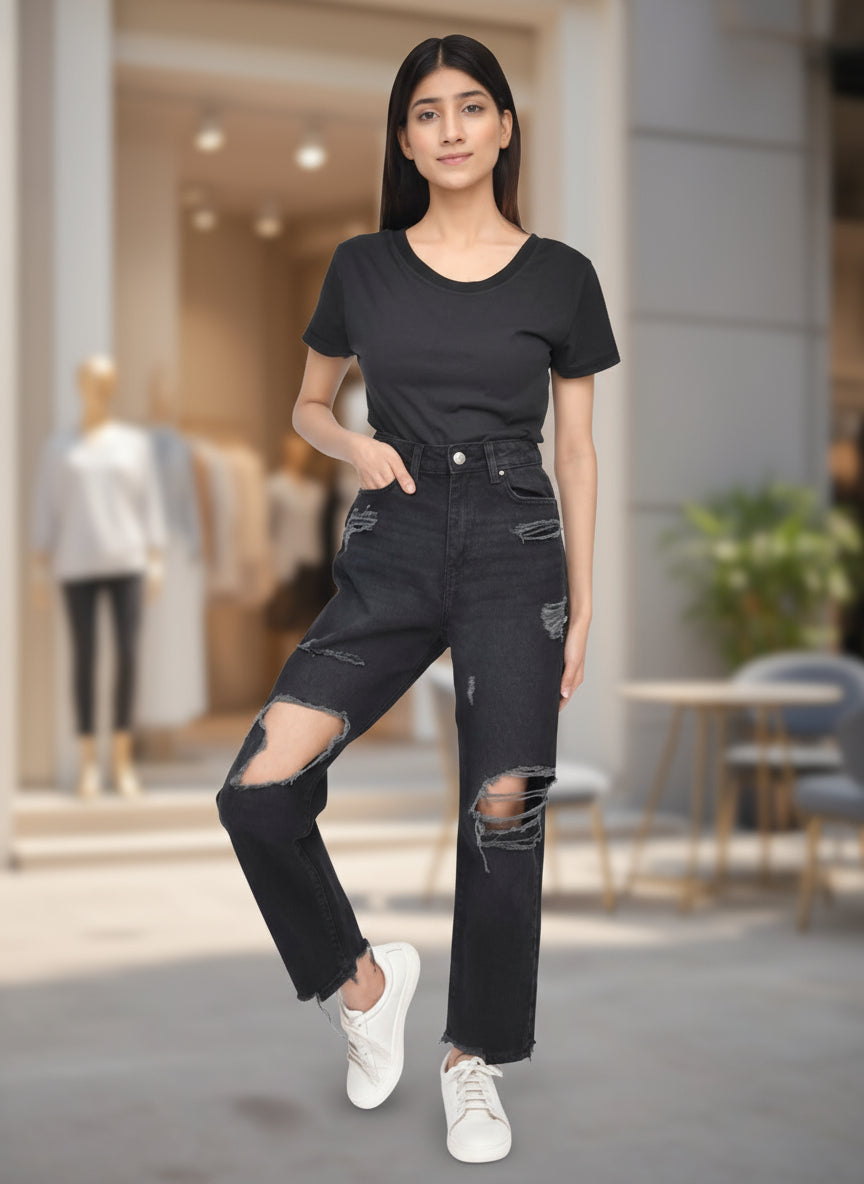 Casual Style High-Waisted Torn Hem Rip Mom Jeans