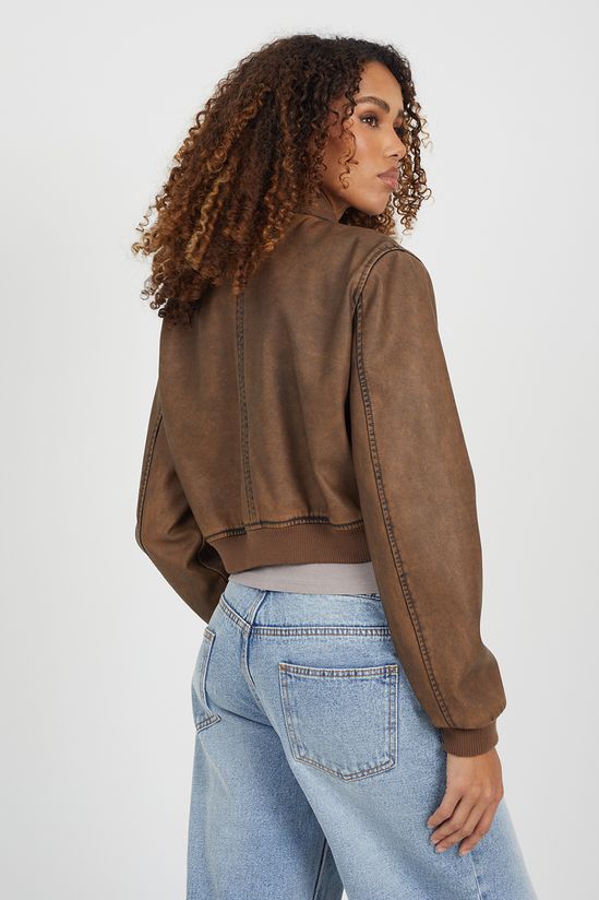Vintage PU Cropped Bomber Jacket