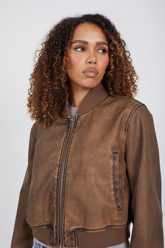 Vintage PU Cropped Bomber Jacket