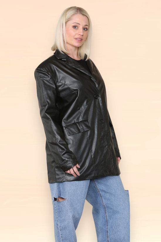 Black PU Faux Leather Long Sleeve Oversized Blazer