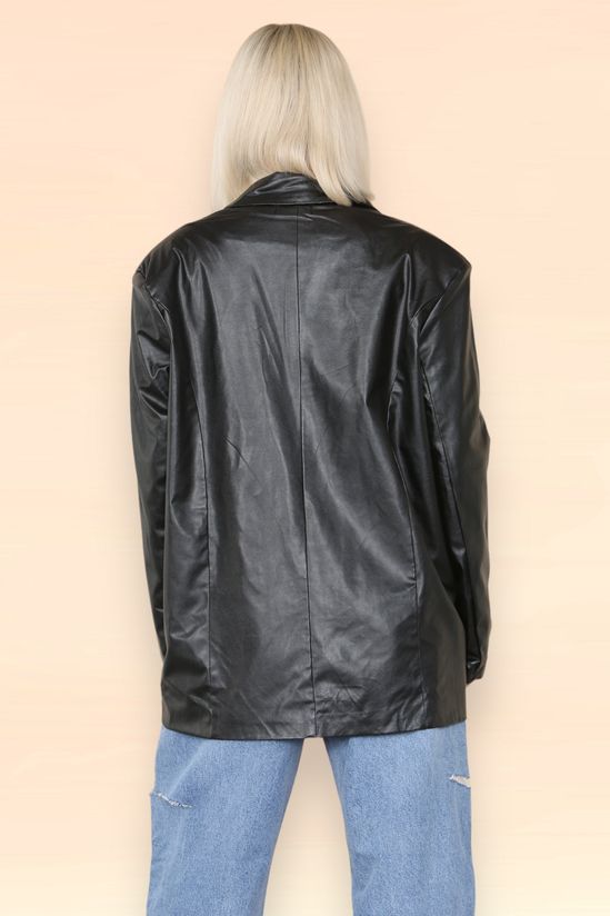 Black PU Faux Leather Long Sleeve Oversized Blazer