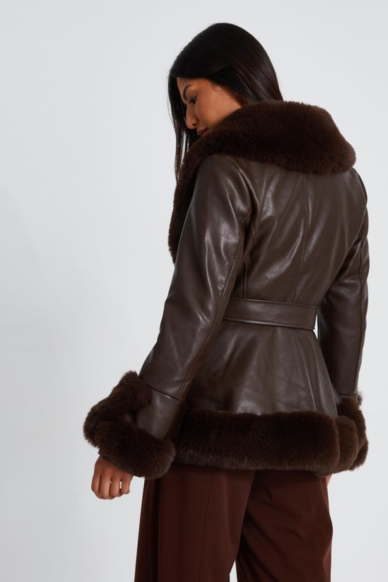 Brown Faux Leather Belted Jacket