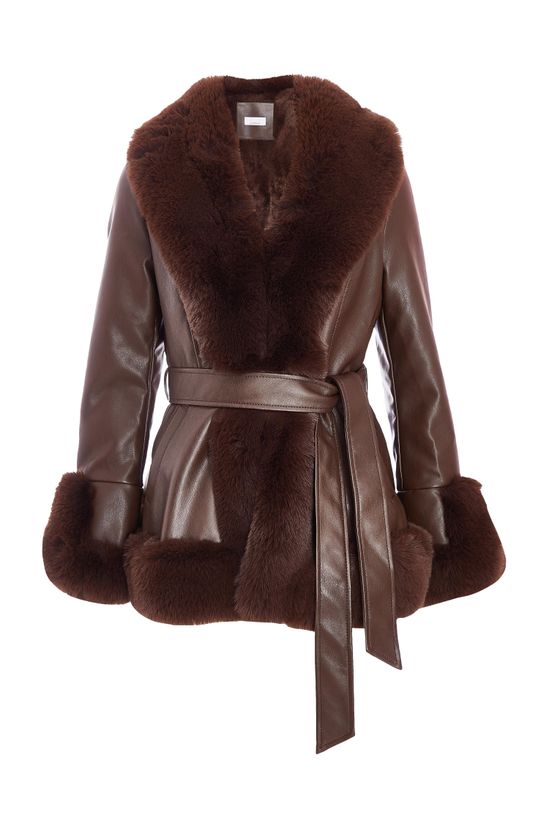 Brown Faux Leather Belted Jacket