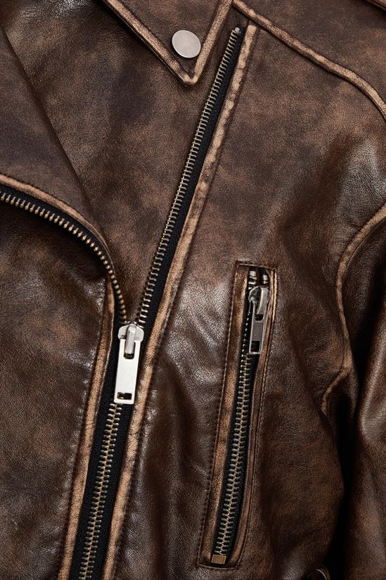Brown Faux Leather Oversized Biker Jacket