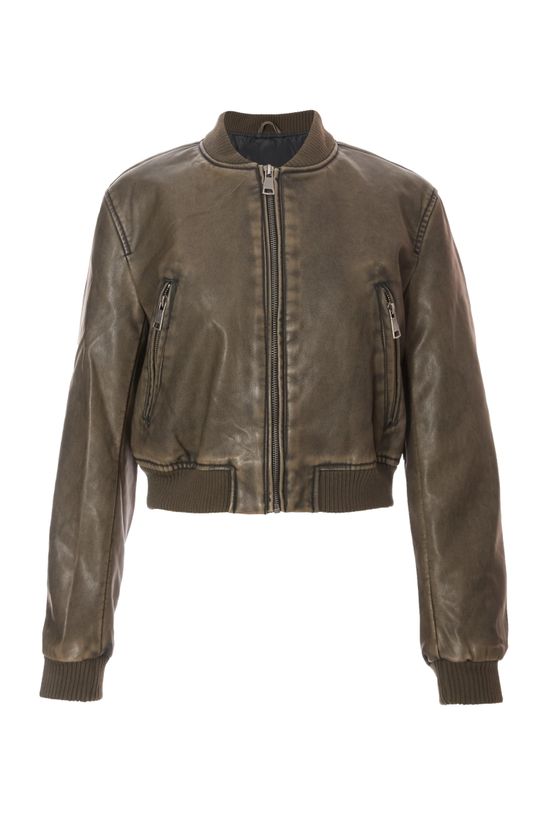Khaki Faux Leather Bomber Jacket