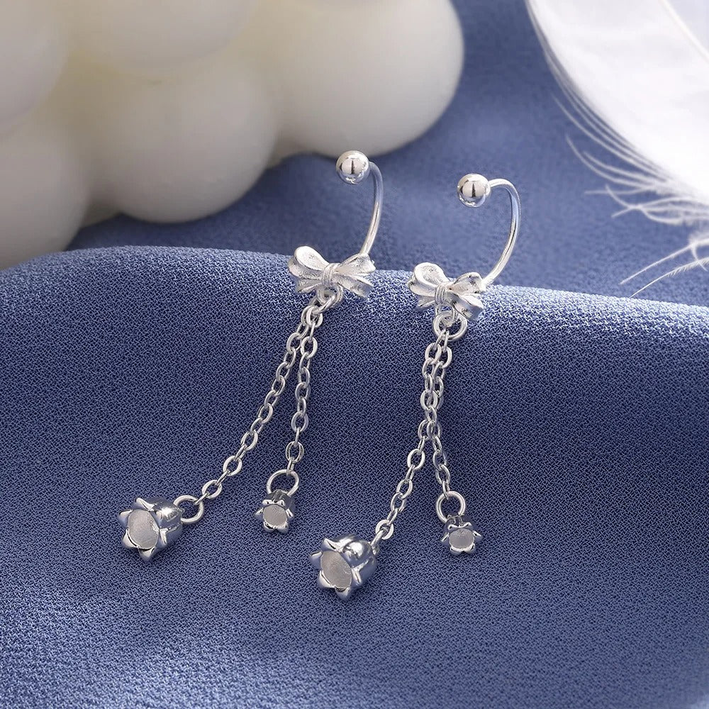 925 Sterling Silver Bow & Flower Fringe Drop Earrings