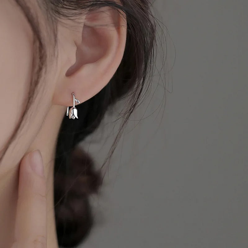 Sweet Tulip Flower Stud Earrings Silver