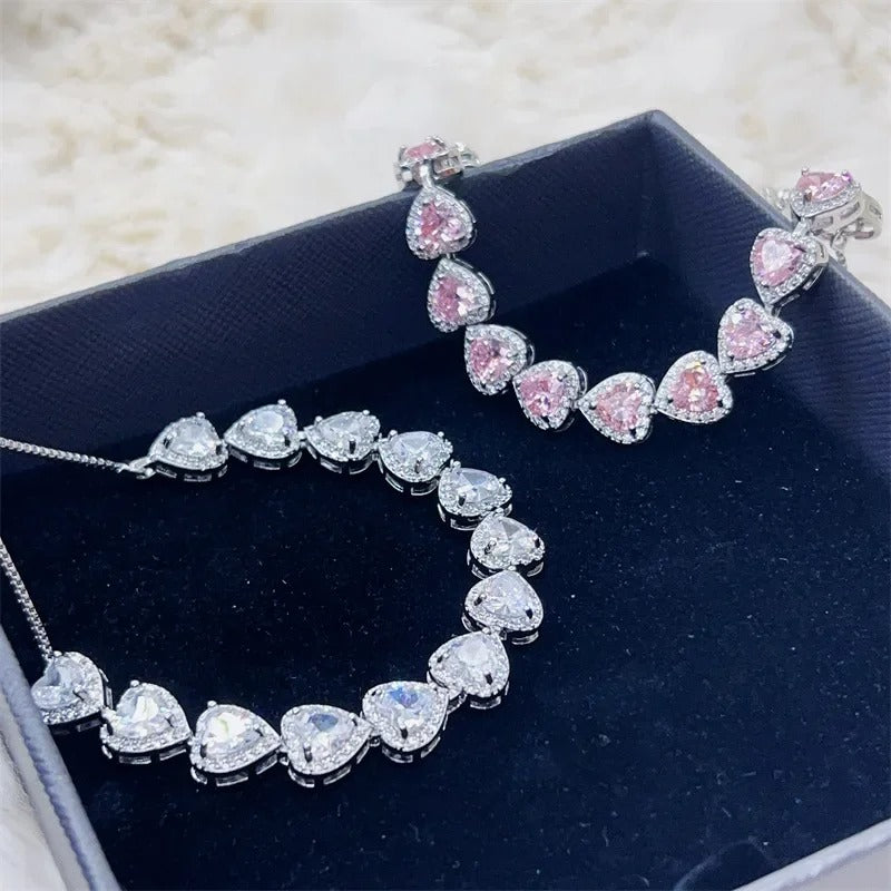 Heart CZ Sterling Silver-Tone Adjustable Bracelet
