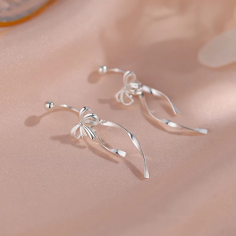 925 Sterling Silver Ribbon Bow Drop Earrings