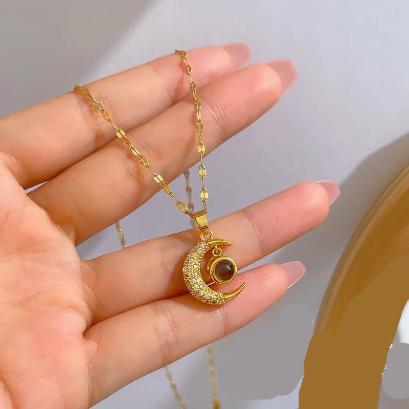 Gold Plated Stainless Steel Moon Pendant Necklace
