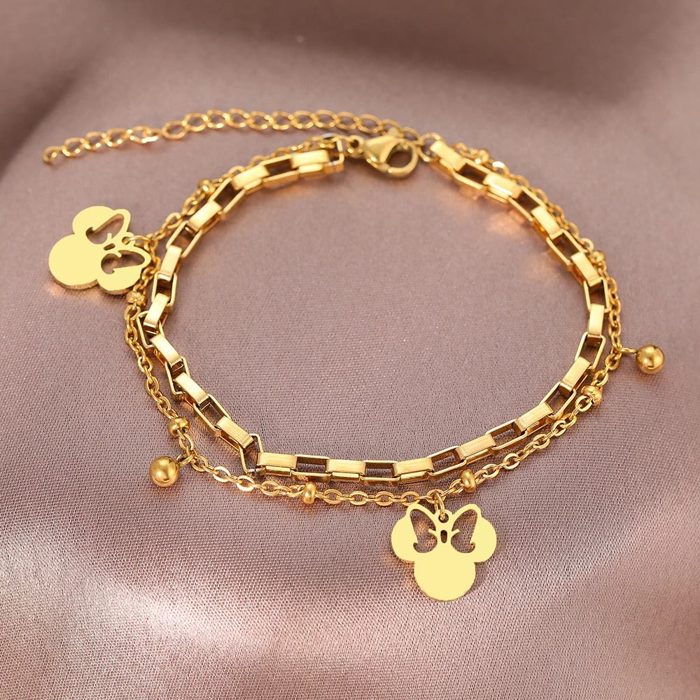 Cartoon Bow Mouse Pendant Layered Chain Bracelet