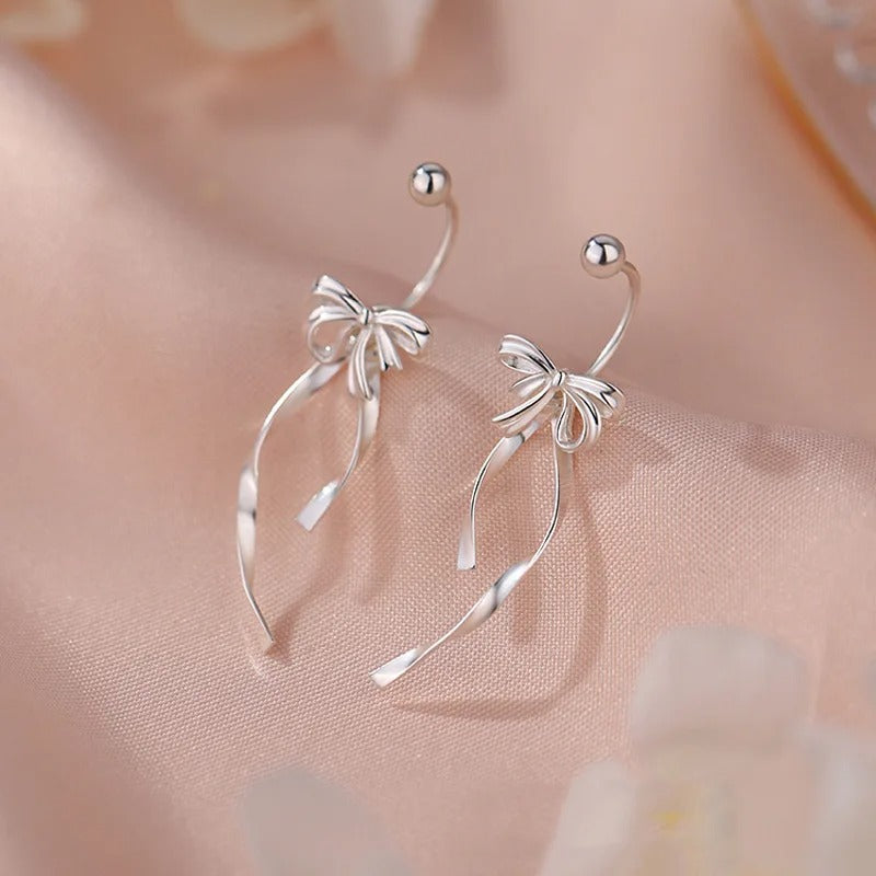 925 Sterling Silver Ribbon Bow Drop Earrings