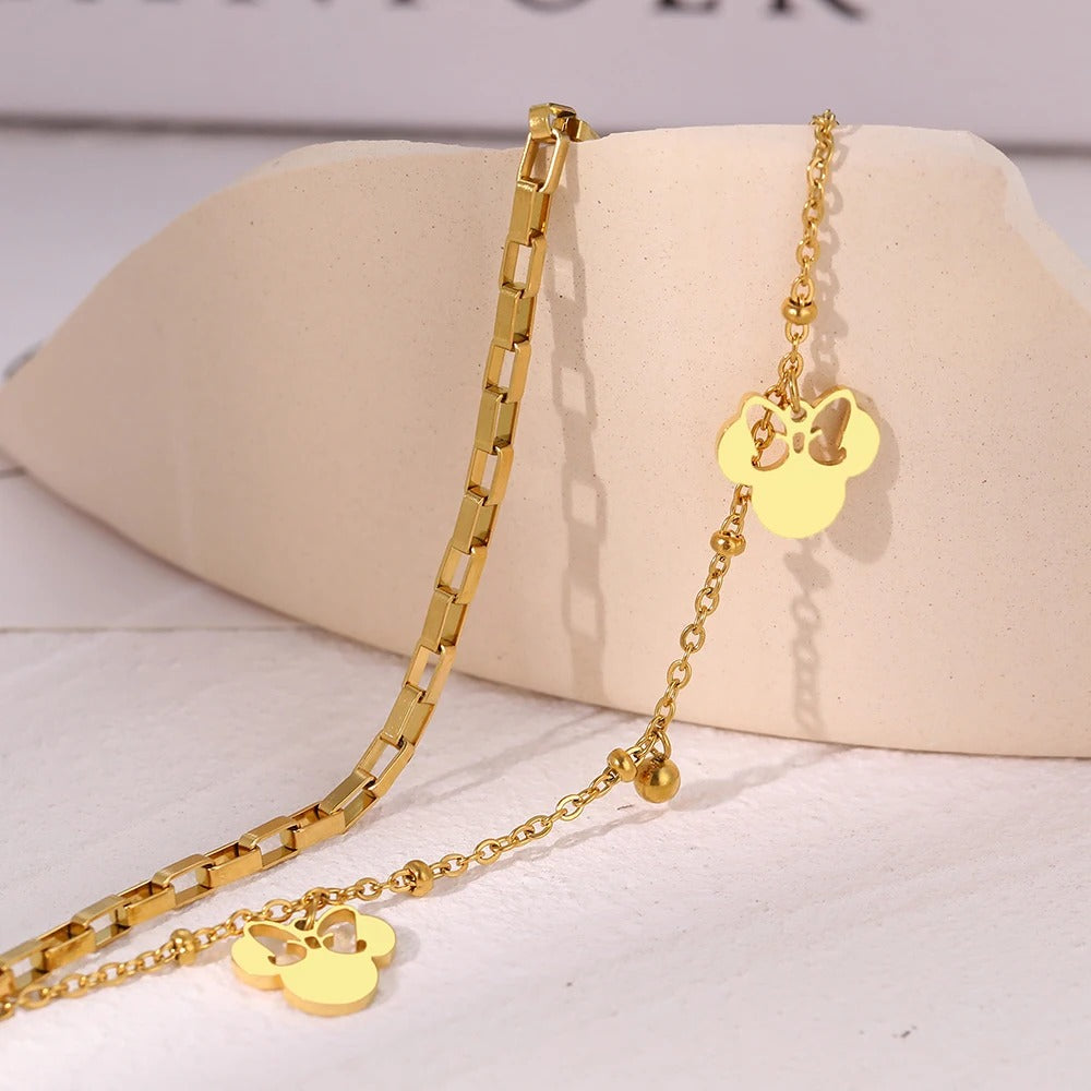 Cartoon Bow Mouse Pendant Layered Chain Bracelet