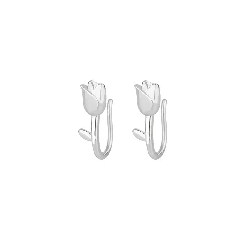 Sweet Tulip Flower Stud Earrings Silver