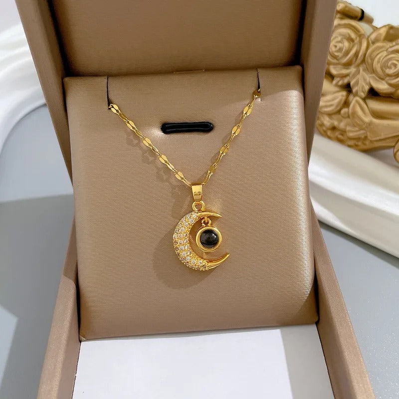 Gold Plated Stainless Steel Moon Pendant Necklace