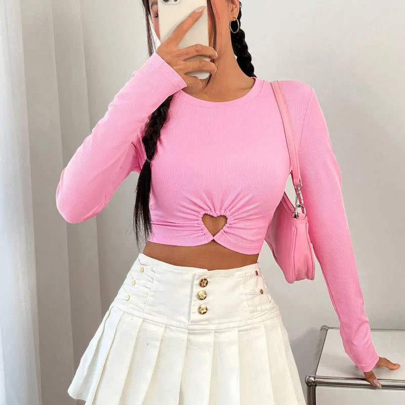 Women Fashion Solid Color Heart Circle Round Neck Long Sleeve Crop Top