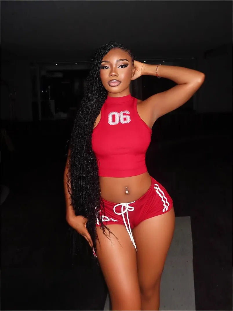 Women Fashion Sexy Letter Printed Tank Top Tight Shorts Two-Piece Set