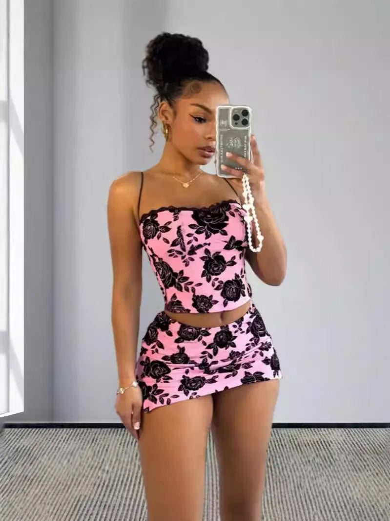 Women Fashion Sexy Rose Printed Lace Camisole Tight Skirt Two-Piece Set