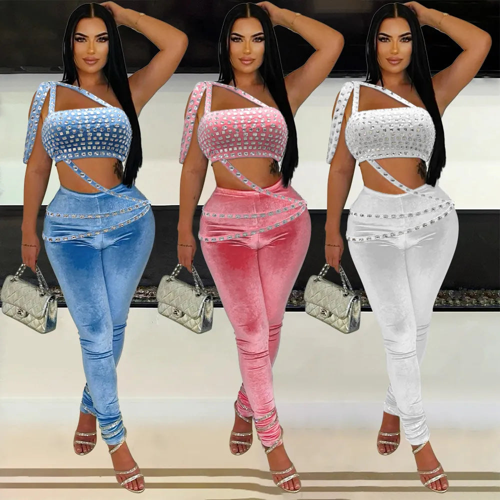 Women Fashion Sexy Hot Drilling Strapless Vest Tight Pants Two-Piece Set