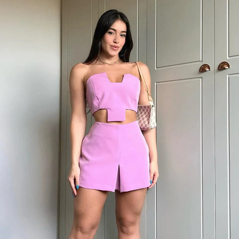 Women Solid Color Sleeveless Bandeau Cropped Top And High Waist Skirt Two-Piece Set