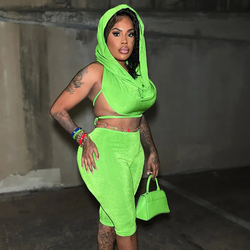 Women Fashion Sexy Solid Color Crop Top Backless Hoodies Tight Pants Two-Piece Set