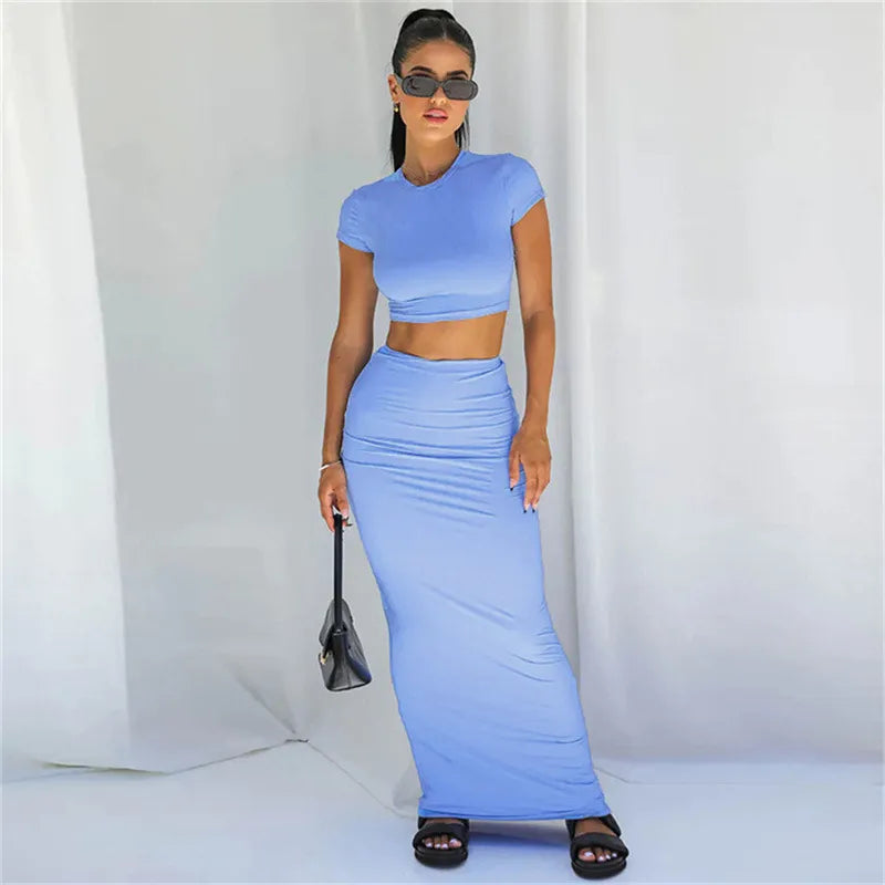 Women Fashion Solid Color Short Sleeve Top And Skirt Two-Piece Set