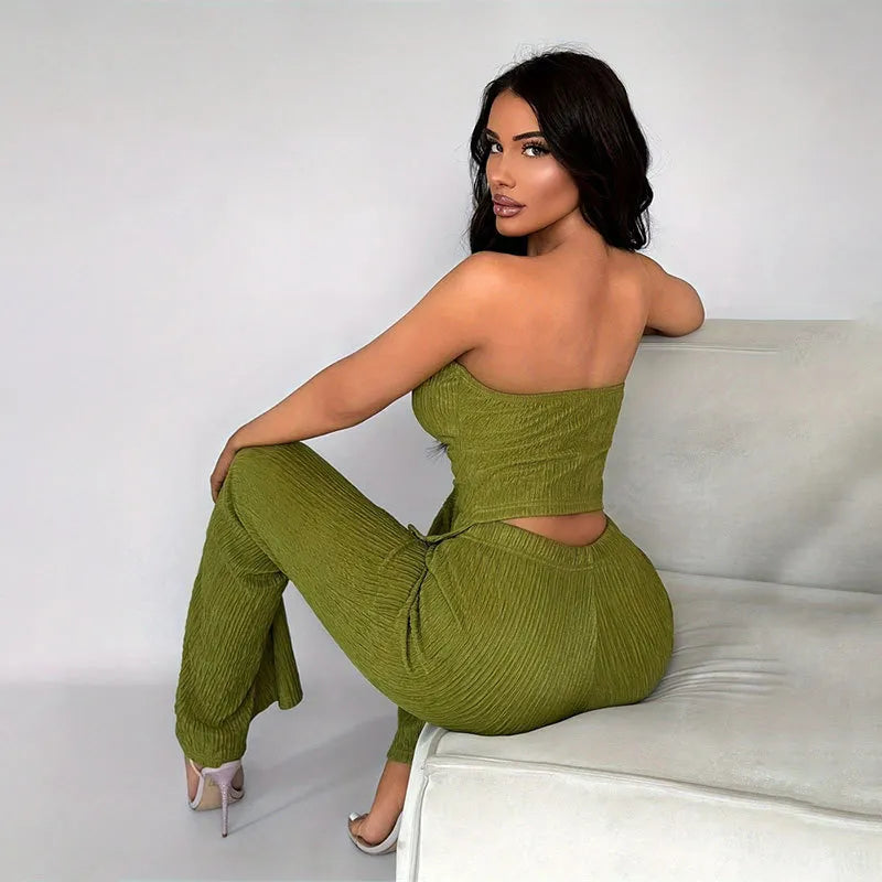 Women Fashion Sexy Button Decorative Strapless Top Pants Two-Piece Set