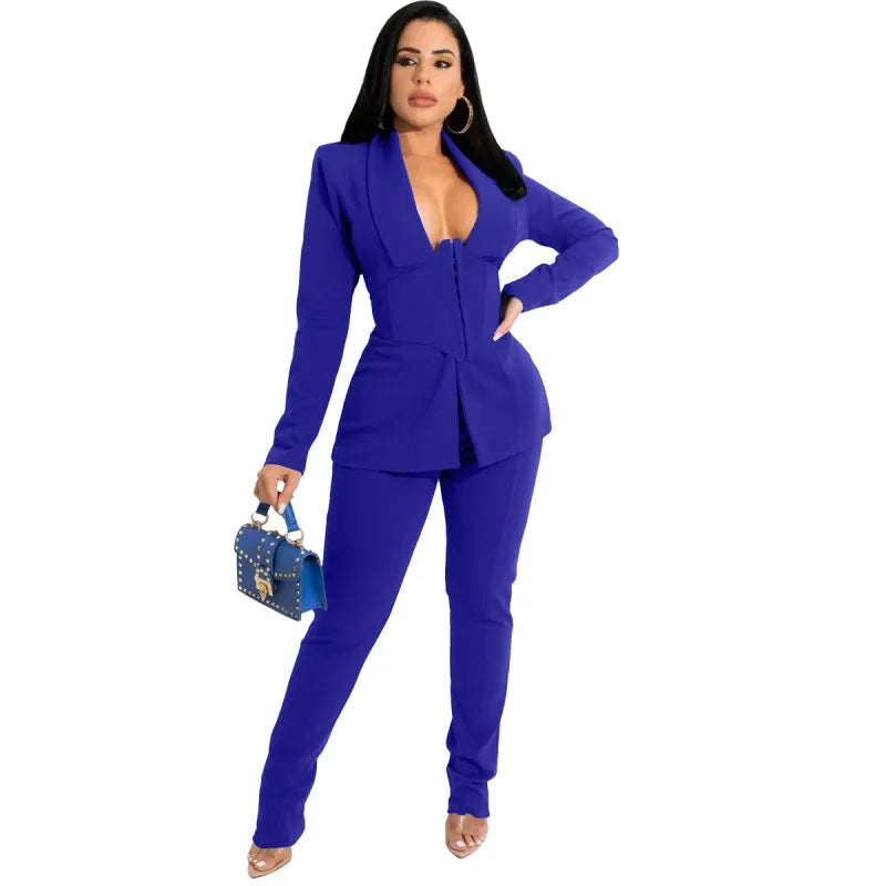 Women Solid Color Lapel Long Sleeve Top And Pants Two-Piece Set