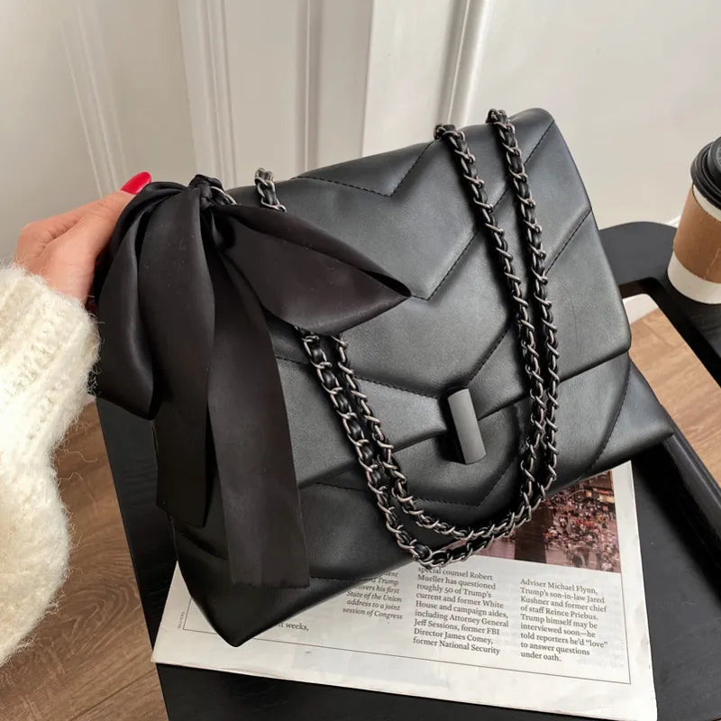 Women Autumn Elegant Chain Design Silk Scarf Decoration Solid Color PU Shoulder Bag
