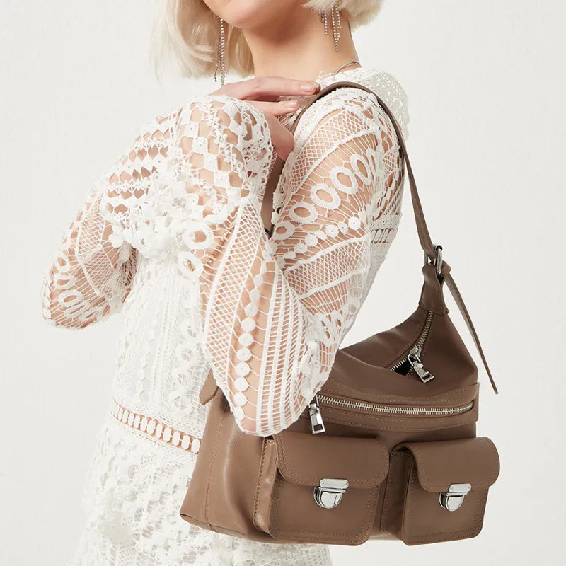 Women Fashion Simple Solid Leather Large Capacity Shoulder Zipper Underarm Bag