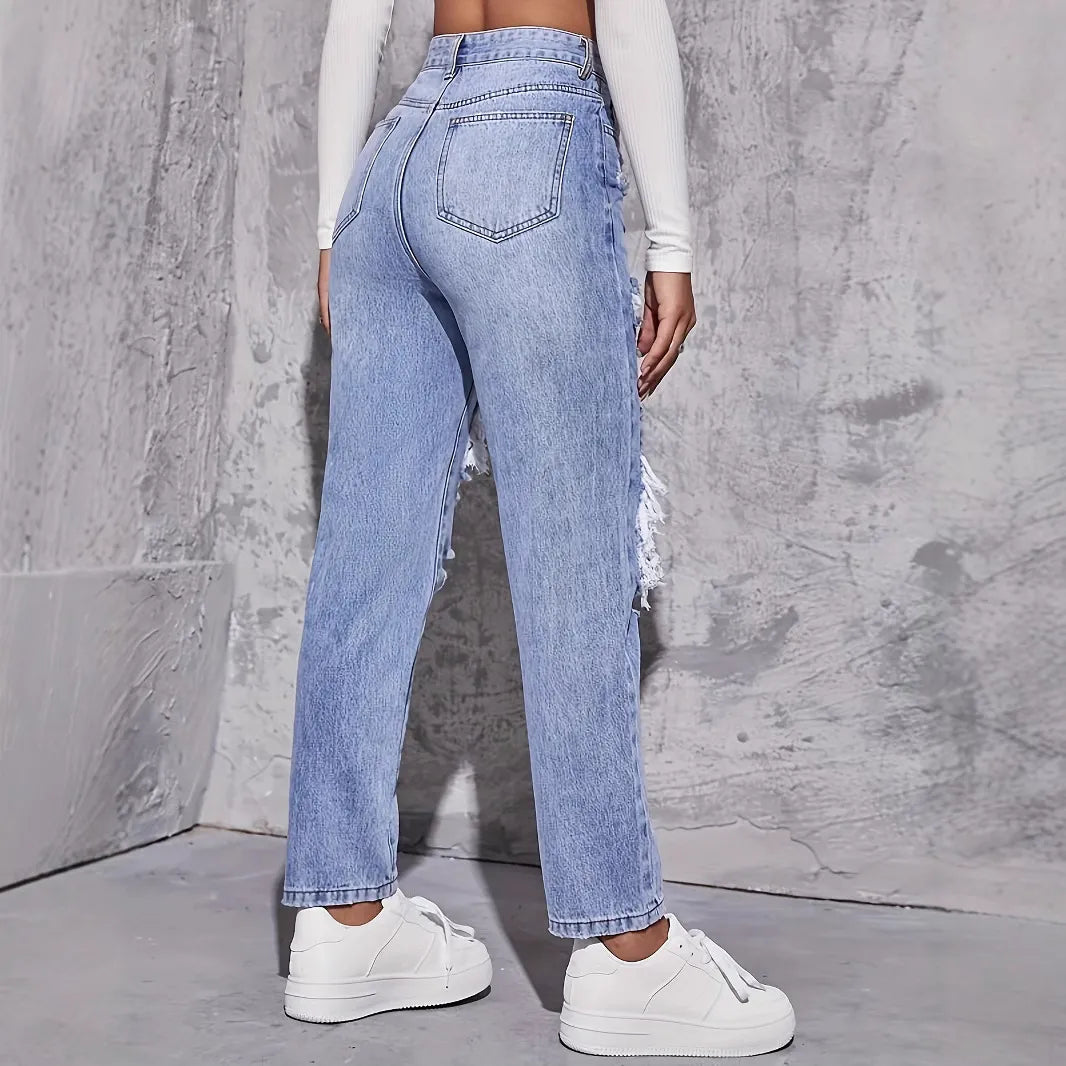 Ripped High Waist Straight Jeans