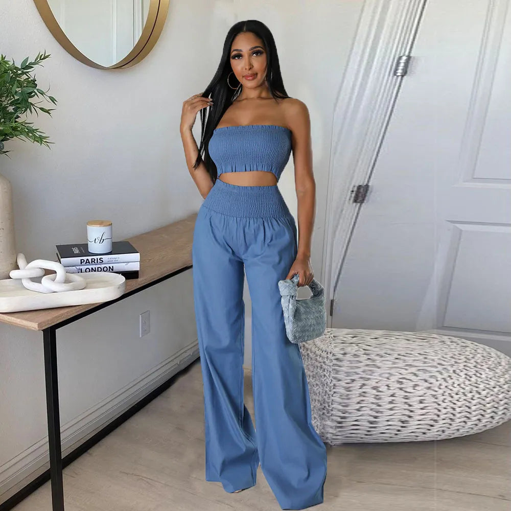 Sexy Women Wide-Leg Pants Crop Tube Top Two-Piece Set