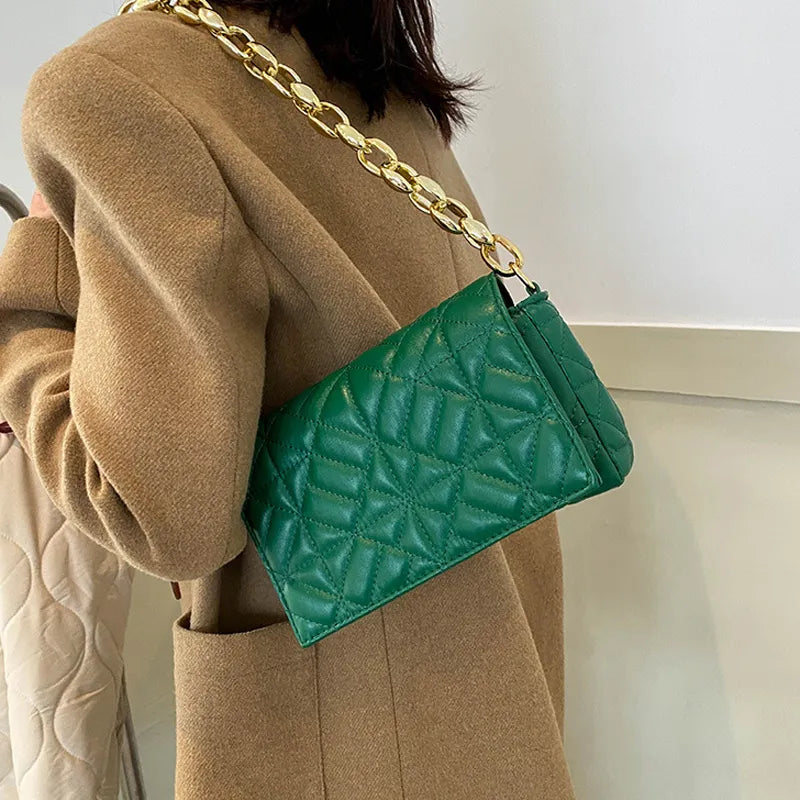 Women Fashion Chain Stitching Design Solid Color Plaid PU Shoulder Bag