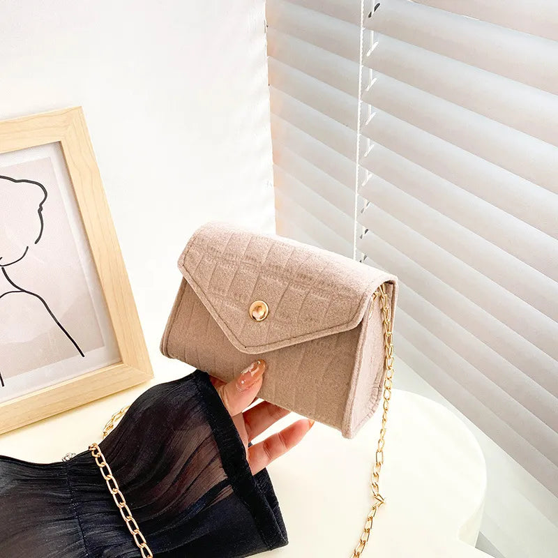 Women Fashion Simple Felt Mini Square Flap Chain Crossbody Bag
