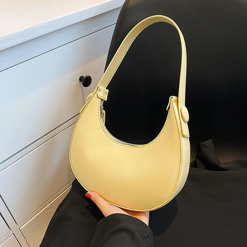 Simple Solid Color PU Zipper Half Circle Shoulder Underarm Bag