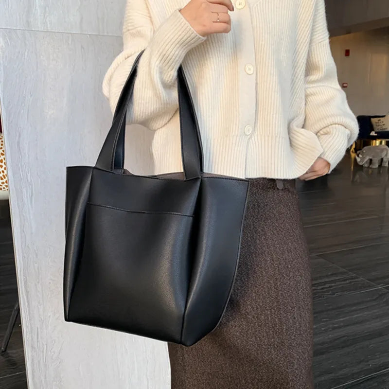 Basic Solid Color Large Capacity PU Shoulder Bag