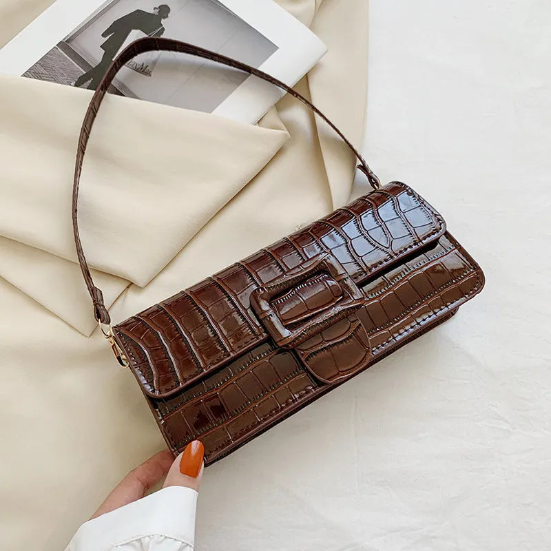Crocodile Pattern Solid Color Shoulder Handle Bag