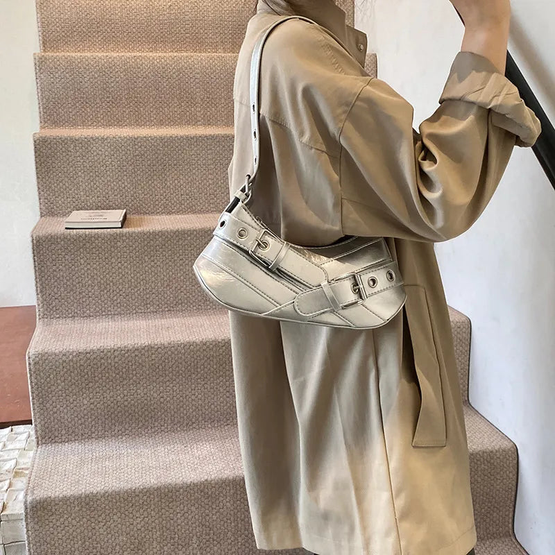 Women Fashion Casual Retro Solid Color Belt Baguette Shoulder Bag