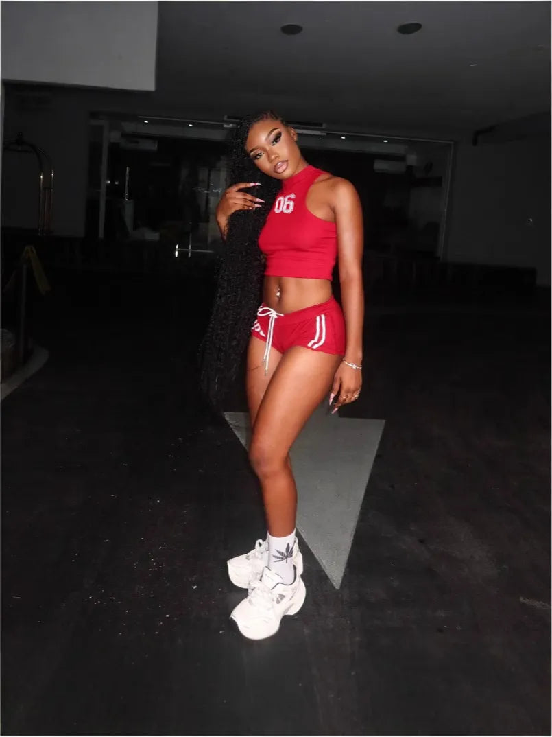 Women Fashion Sexy Letter Printed Tank Top Tight Shorts Two-Piece Set