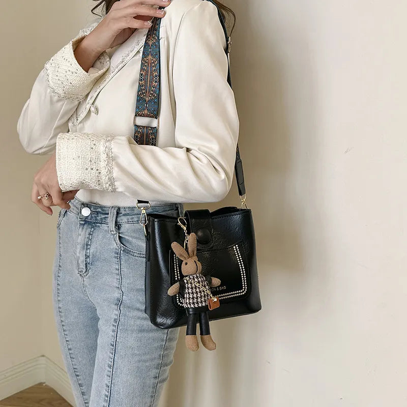 Women Bucket Rabbit Pendant Shoulder Bag