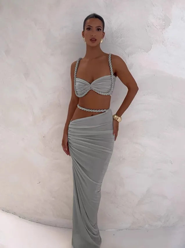Women Fashion Sexy Solid Color Pleated Camisole Slim Fit Skirt Two-Piece Set