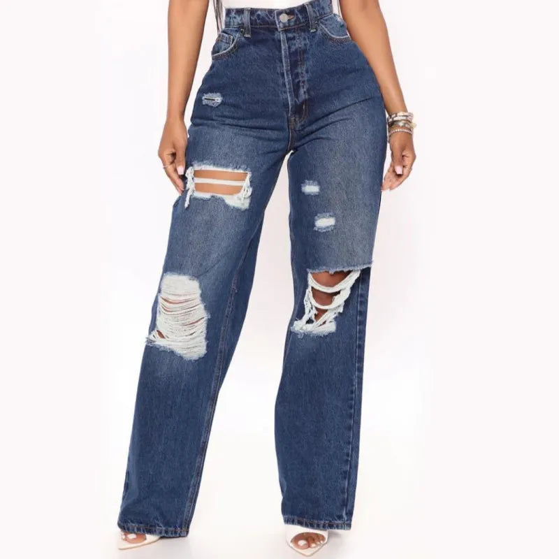 Women Simple High Waist Ripped Loose Straight Jeans