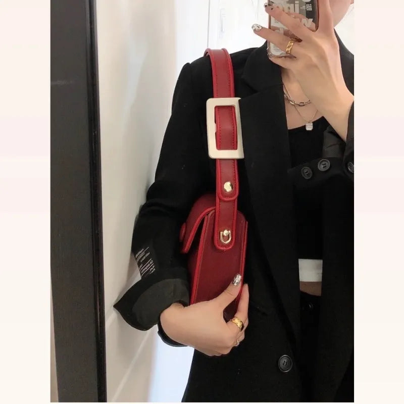 Women Fashion Solid Color Red Shoulder Bag