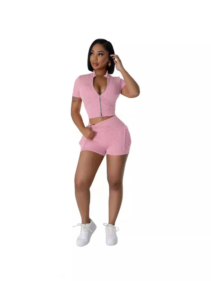 omen Fashion Casual Solid Color Stripe Zipper Short-Sleeve Top Tight Shorts Two-Piece Set