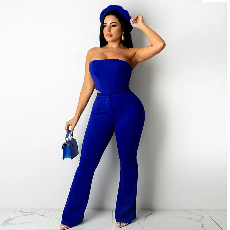 Women Fashion Sexy Tight Solid Color Backless Tube Top Defined Waist Pants 2pcs Set